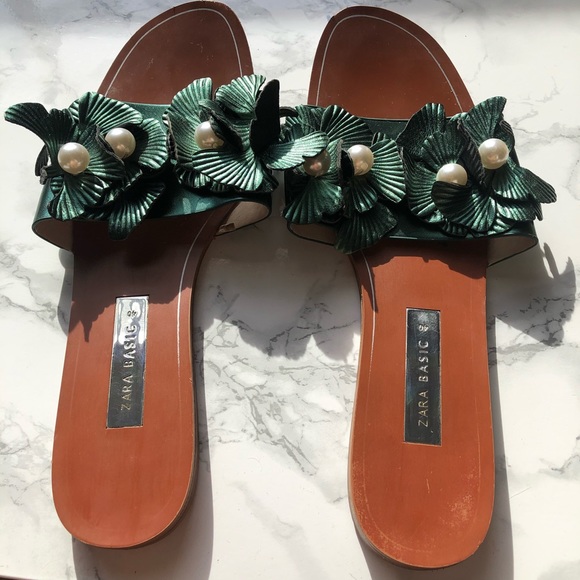 SOLD! Zara Pearl Detail Green Floral Slides Sandal - Picture 8 of 8